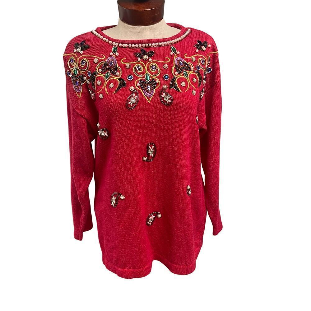 Victoria Jones Vintage Beaded Tunic Sweater Size Small Knit Holiday Glam Bling